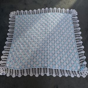Crocheted Baby Blanket Throw in White and Light Blue 38x38 Handmade